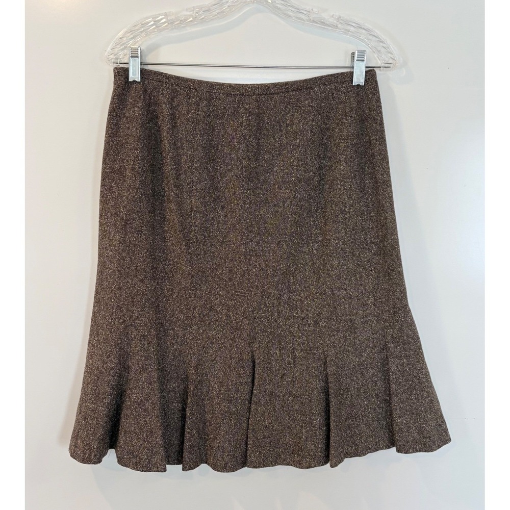 Ann Taylor LOFT Brown Silk Wool Blend Tweed Pleated A-Line Skirt Womens Size 6